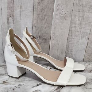 Kelly & Katie White Ankle-Strap Block Heel Sandals with Single Toe Strap